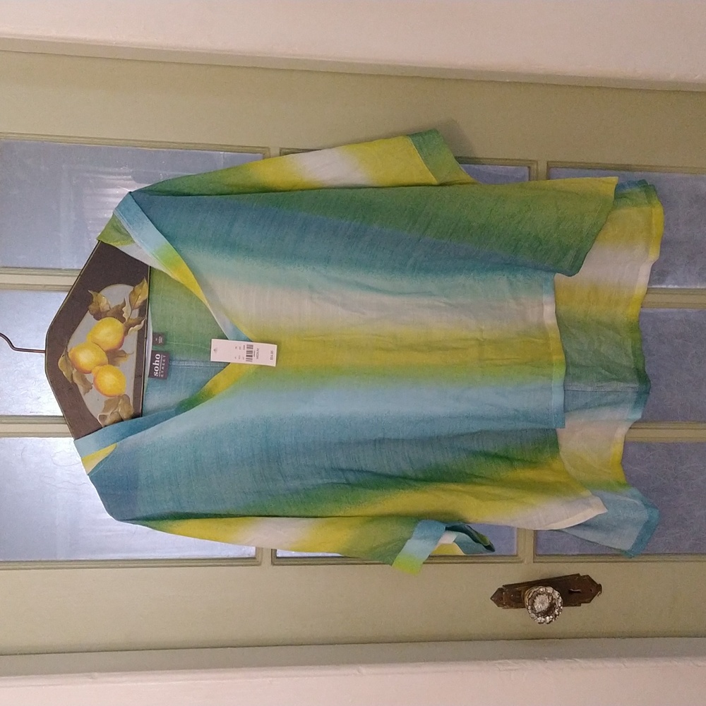 NWT New York and Co. washed fabric green/yellow/blue hooded top Sz M